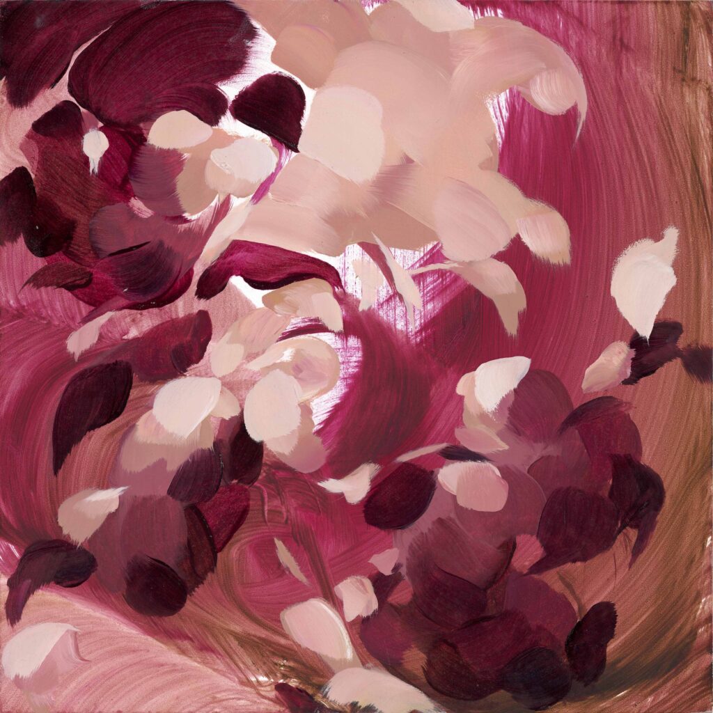 Vibrant abstract floral composition with swirling petals in rich reds, pinks, and soft beige tones on a 12 x 12 inches oil on gessoboard.