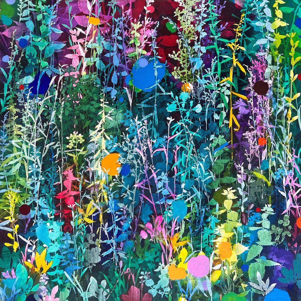 Vibrant abstract botanical oil painting in bright blues, purples, greens, and yellows featuring delicate plant forms on linen canvas by Henrik Simonsen.