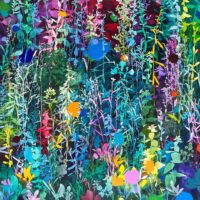 Vibrant abstract botanical oil painting in bright blues, purples, greens, and yellows featuring delicate plant forms on linen canvas by Henrik Simonsen.