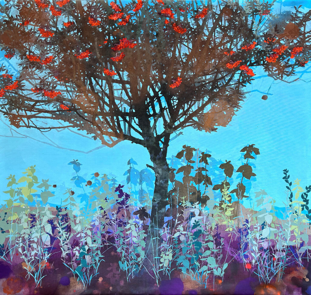 Oil painting of a rowan tree with dark branches and clusters of bright red berries against a vivid blue sky, with tall plants in purple and green hues at the base.