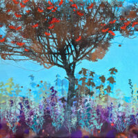 Oil painting of a rowan tree with dark branches and clusters of bright red berries against a vivid blue sky, with tall plants in purple and green hues at the base.