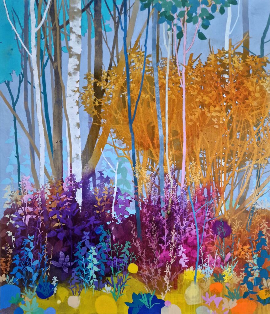 simonsen painting blue orange tree botanical abstract