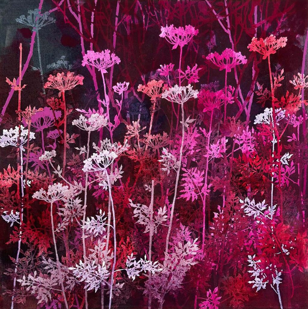 Vivid oil painting on linen by Henrik Simonsen featuring pink and magenta hemlock flowers with intricate foliage against a dark background.