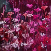 Vivid oil painting on linen by Henrik Simonsen featuring pink and magenta hemlock flowers with intricate foliage against a dark background.