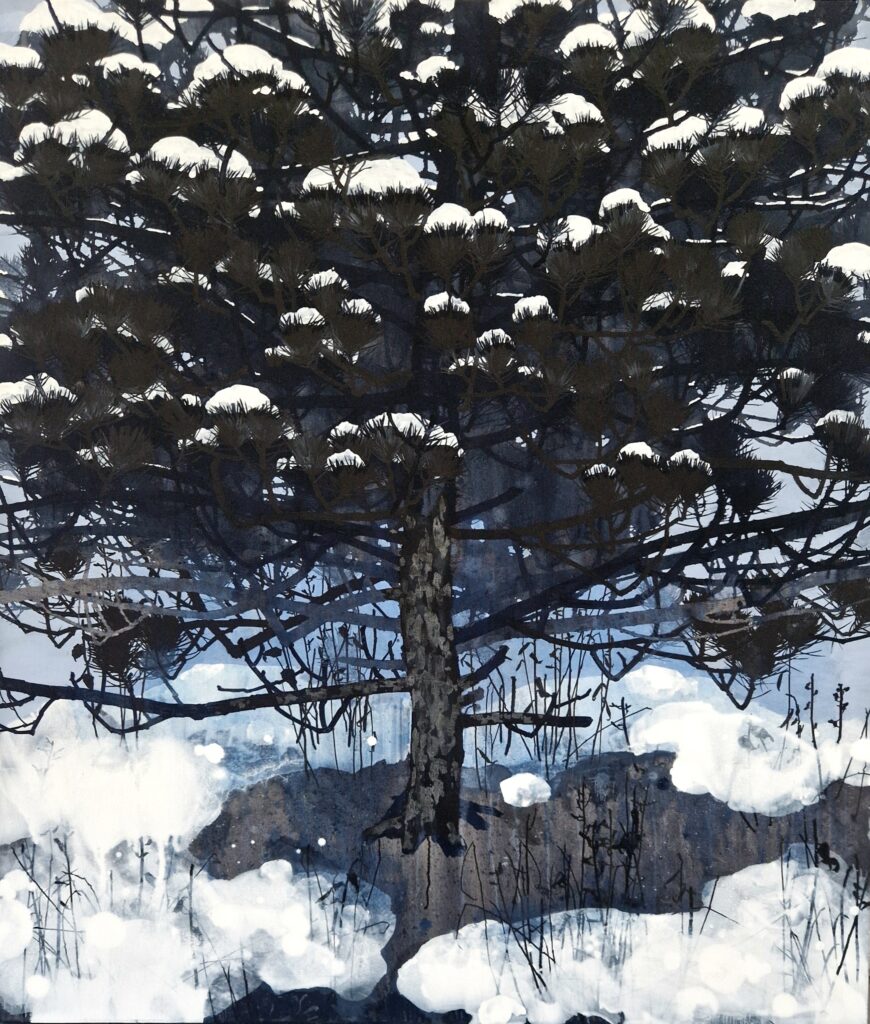 Henrik Simonsen oil painting of a solitary dark tree with snow on its branches and snow-covered ground beneath, rendered on linen.