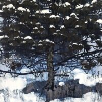 Henrik Simonsen oil painting of a solitary dark tree with snow on its branches and snow-covered ground beneath, rendered on linen.