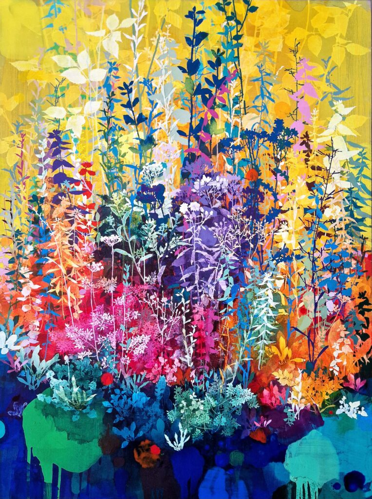 Colorful abstract floral composition with layered foliage in shades of yellow, blue, pink, purple, and green, oil on linen by Henrik Simonsen.