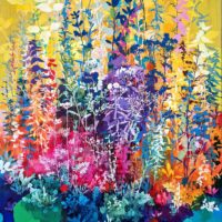 Colorful abstract floral composition with layered foliage in shades of yellow, blue, pink, purple, and green, oil on linen by Henrik Simonsen.