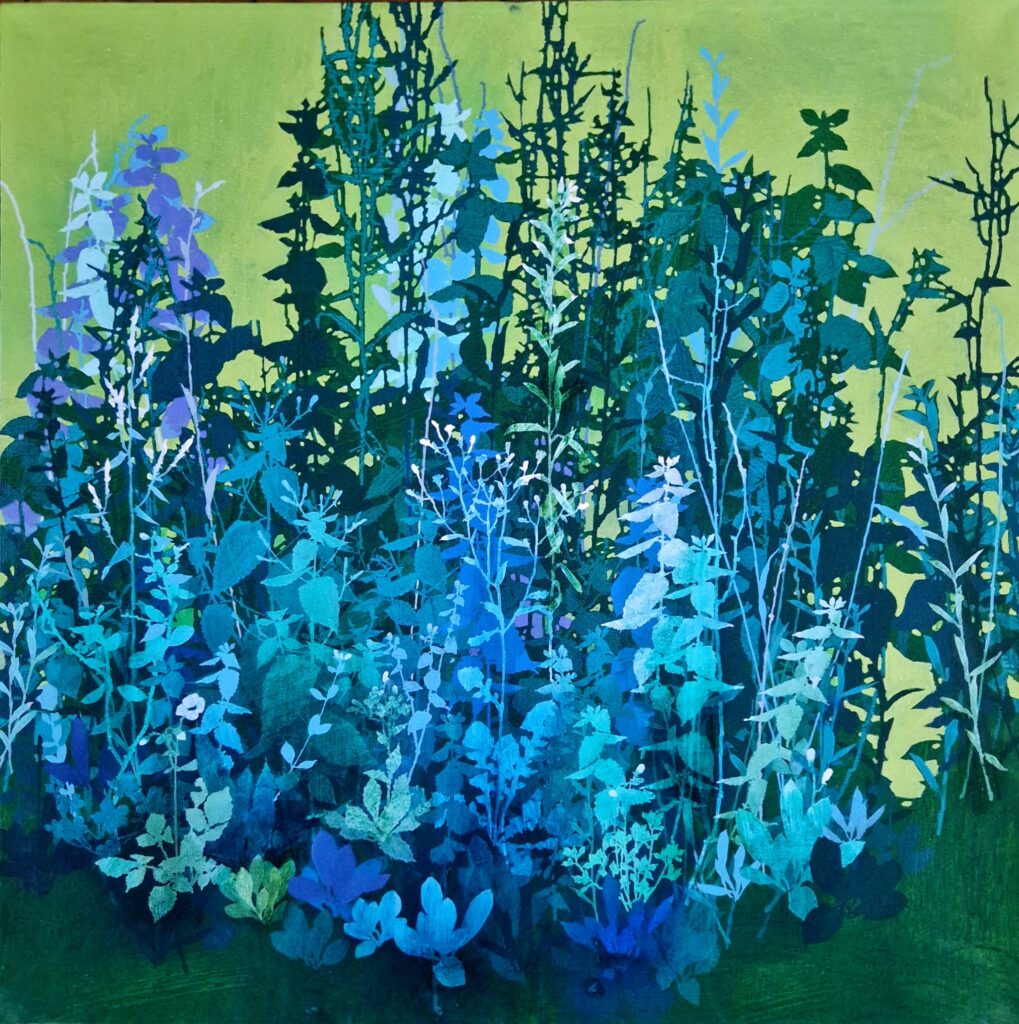 Dense cluster of blue and green foliage with intricate leaf and stem shapes against a soft olive green background, oil on linen painting.