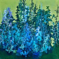 Dense cluster of blue and green foliage with intricate leaf and stem shapes against a soft olive green background, oil on linen painting.