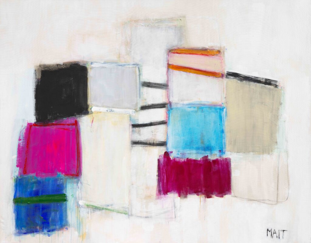 Abstract composition of overlapping rectangular shapes in black, pink, blue, white, and muted tones, created with acrylic on canvas in a soft, expressive style.