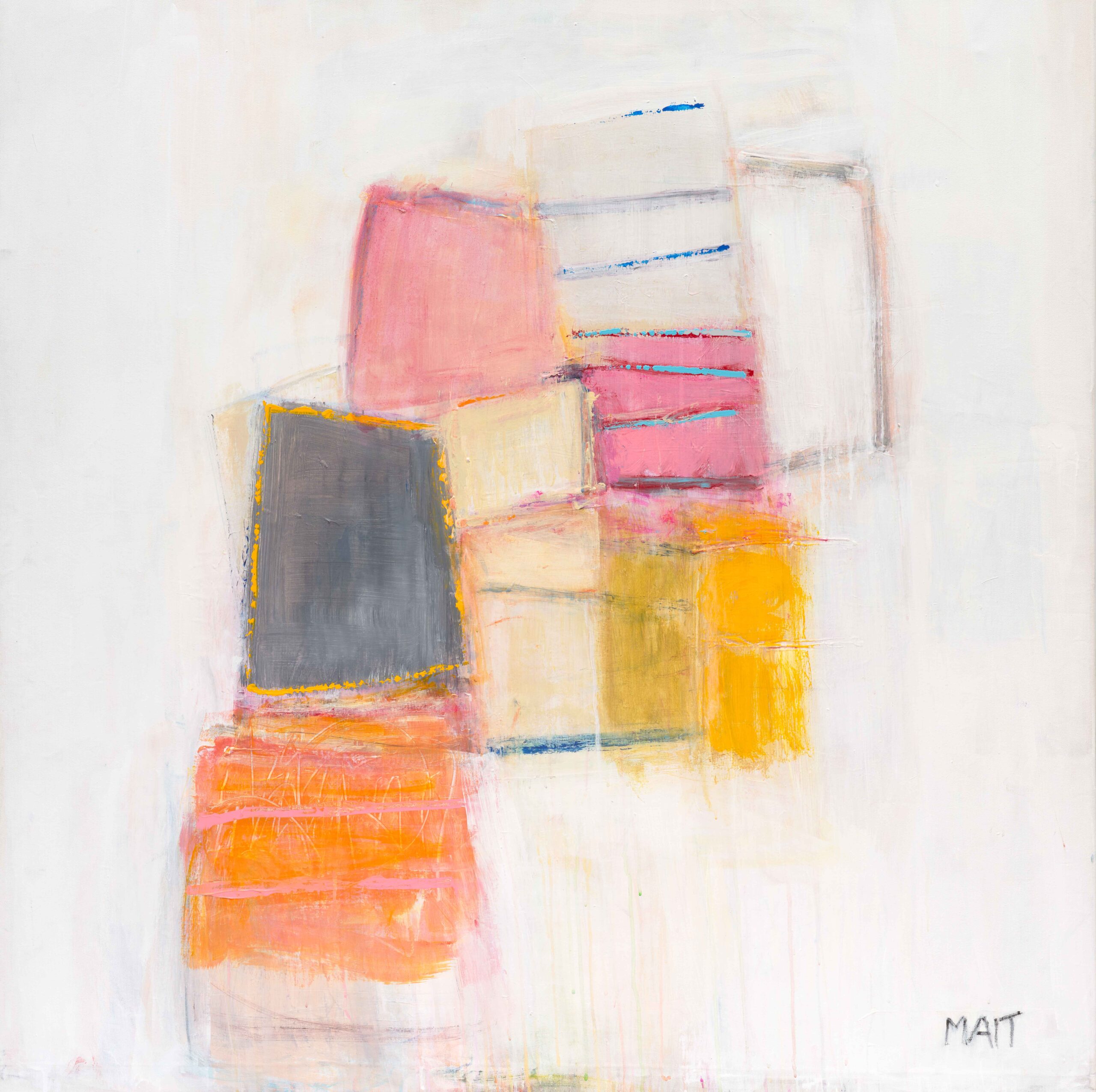 Abstract composition of soft rectangular shapes in pink, orange, yellow, gray, and blue on a pale background by Janet Mait.