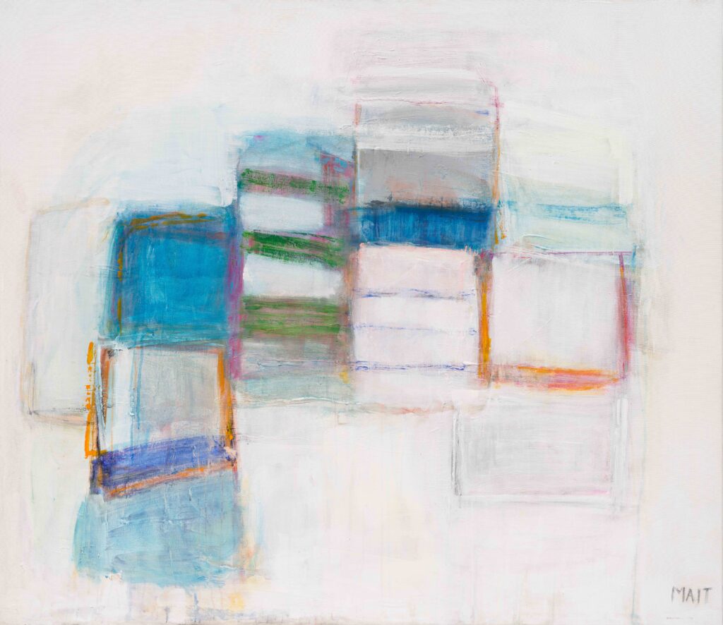 Abstract acrylic painting with overlapping translucent rectangular shapes in blues, greens, oranges, and whites on a soft white background.