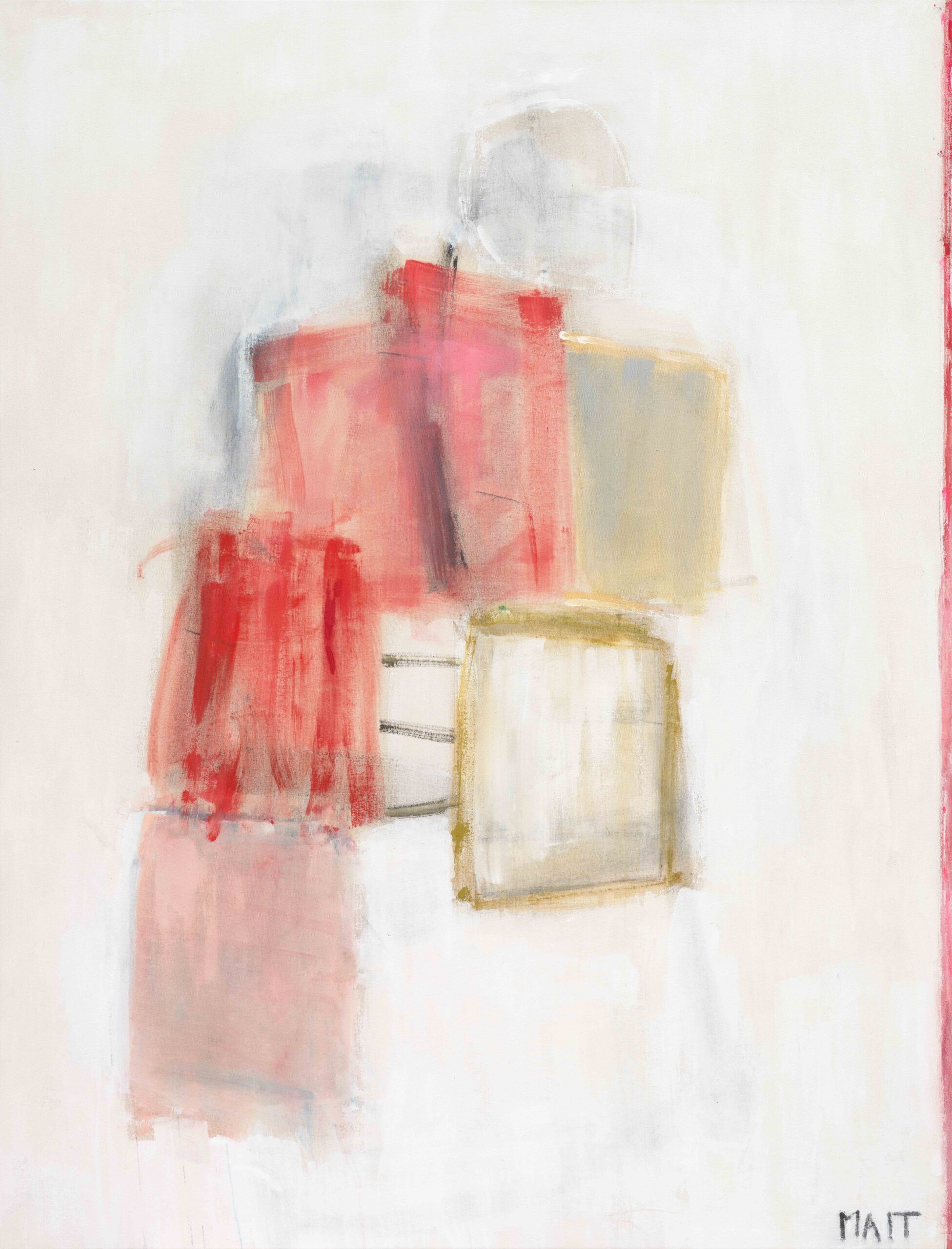 Abstract acrylic painting with soft, layered blocks of red, beige, and blush tones on a pale background by Janet Mait.