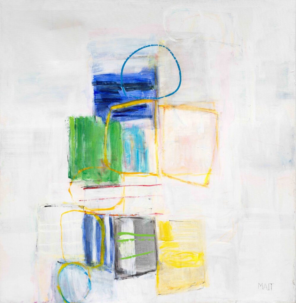 Abstract acrylic painting by Janet Mait featuring overlapping geometric shapes in blue, green, yellow and grey tones on a white background.