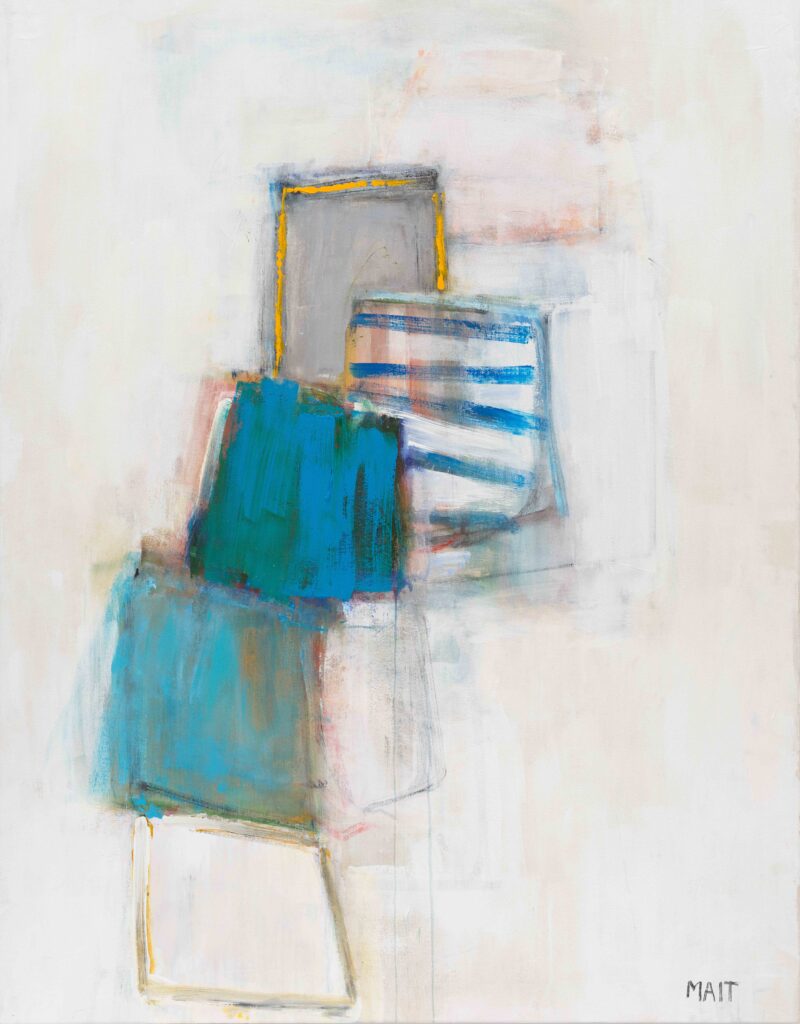 Abstract composition with overlapping rectangular shapes in varying shades of blue, gray, and white on a pale background, accented with thin yellow lines.