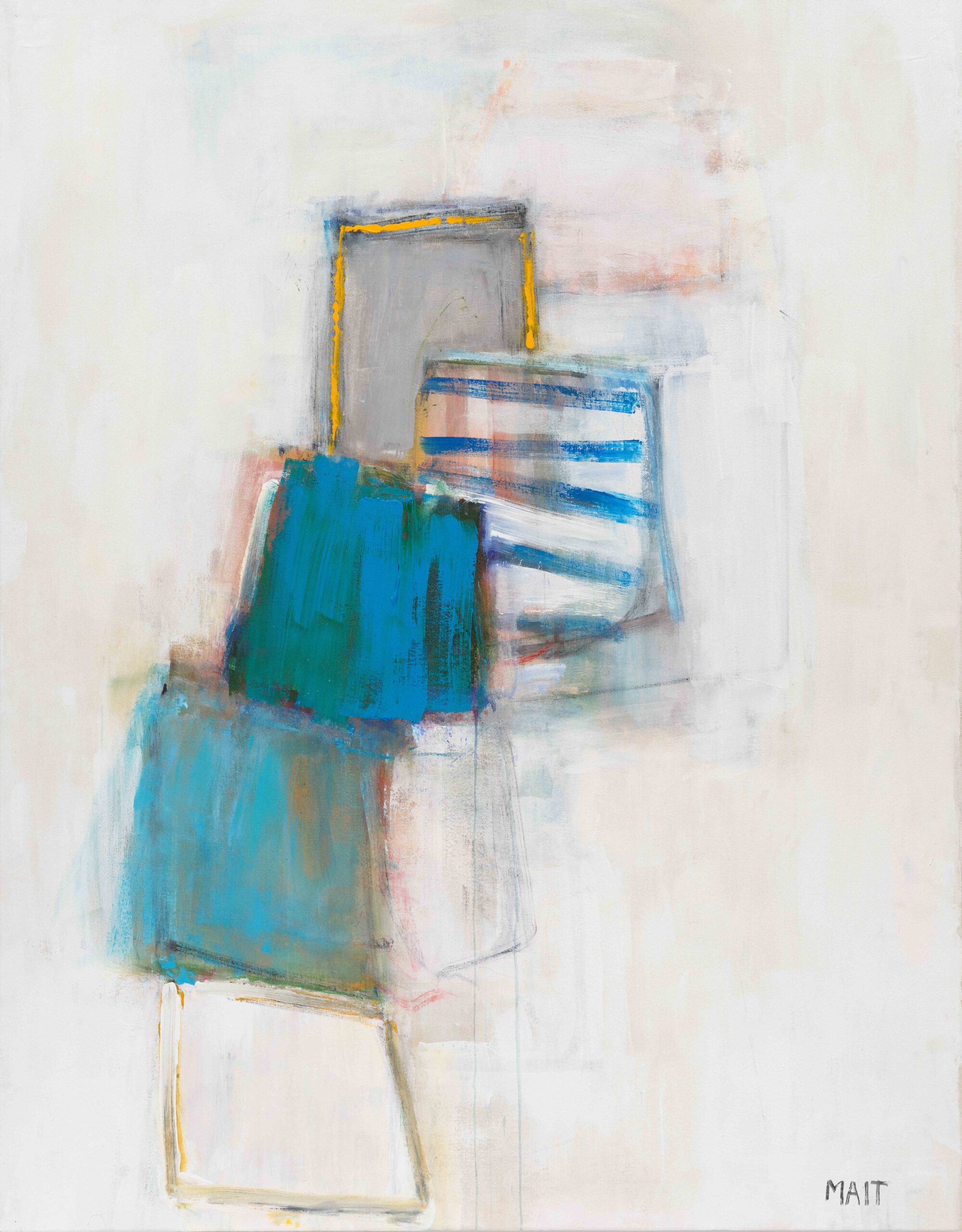 Abstract composition with overlapping geometric shapes in shades of teal, blue, grey, and hints of yellow on a soft off-white background.