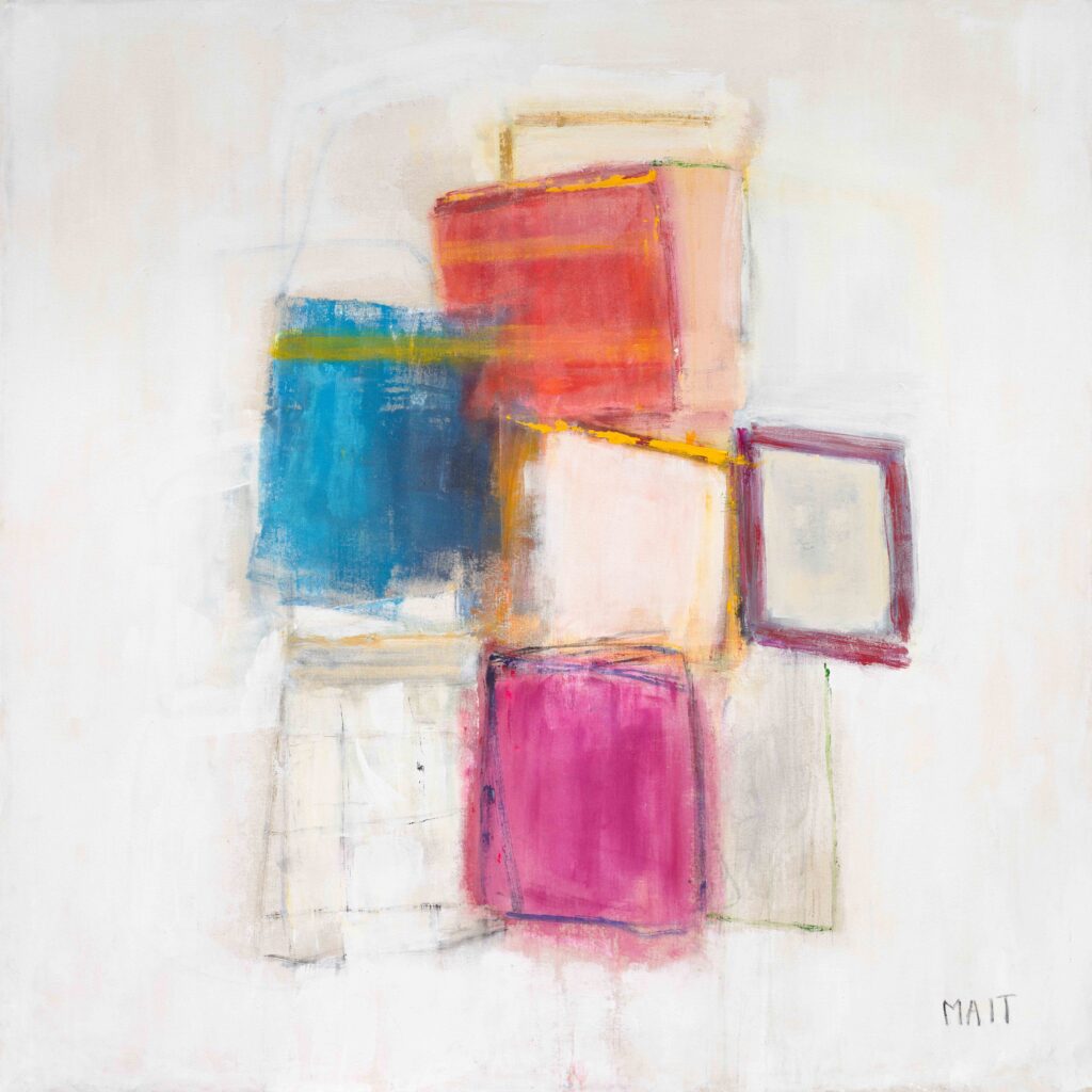 Abstract acrylic painting featuring layered rectangles in red, blue, pink, and muted tones on a soft white background by Janet Mait.