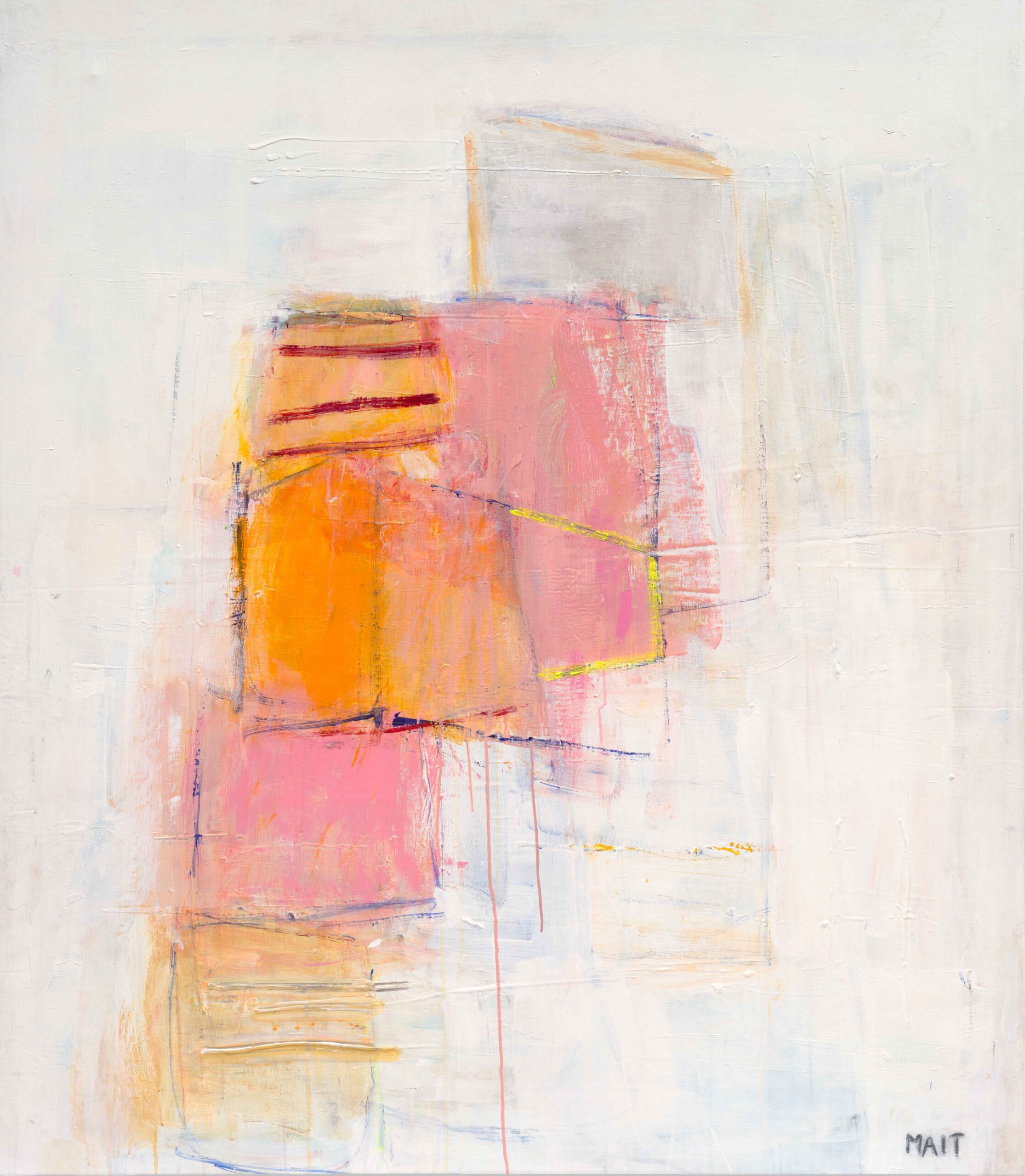 Abstract painting featuring layered soft pink, orange, and beige rectangles with thin linear accents on a textured pale background.