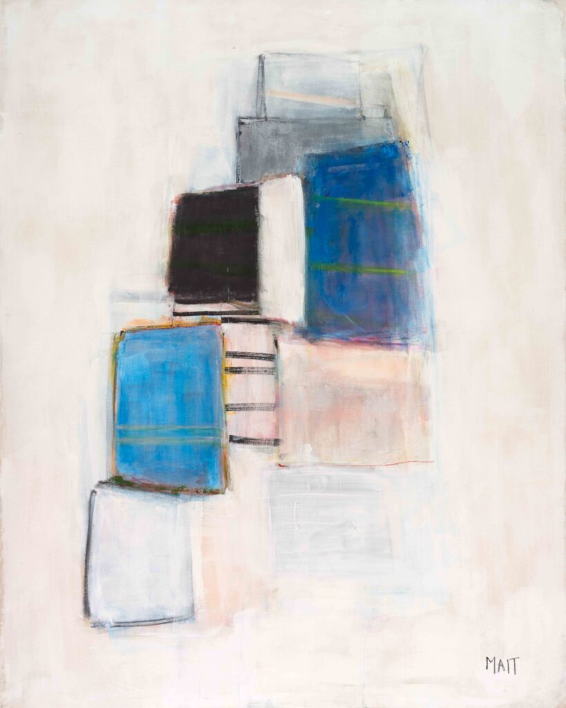 Abstract composition of layered rectangles and squares in various shades of blue, grey, black, and white on a pale background by Janet Mait.