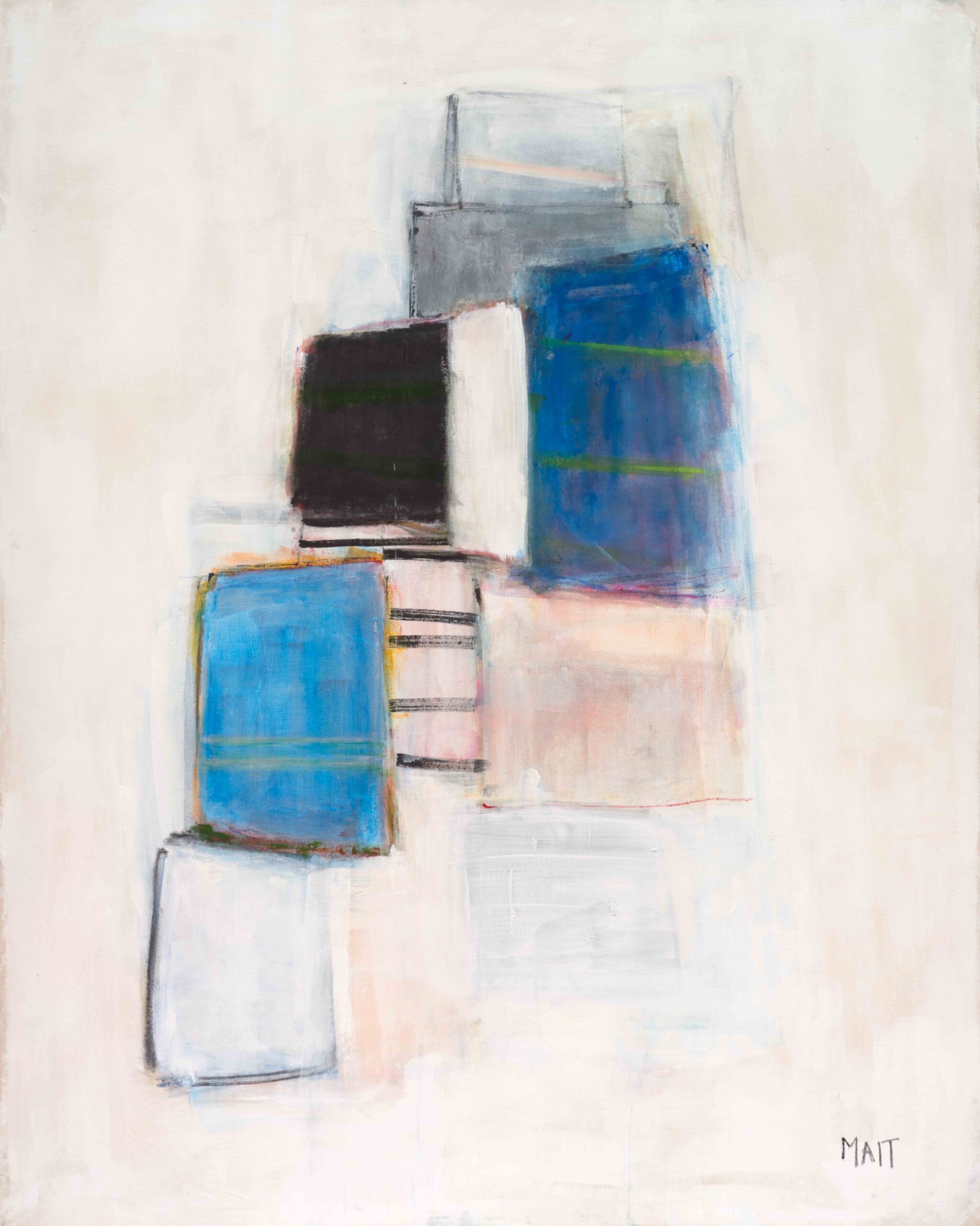 Abstract composition with overlapping rectangles in blue, grey, black, and white tones on a soft beige background, acrylic on canvas by Janet Mait.
