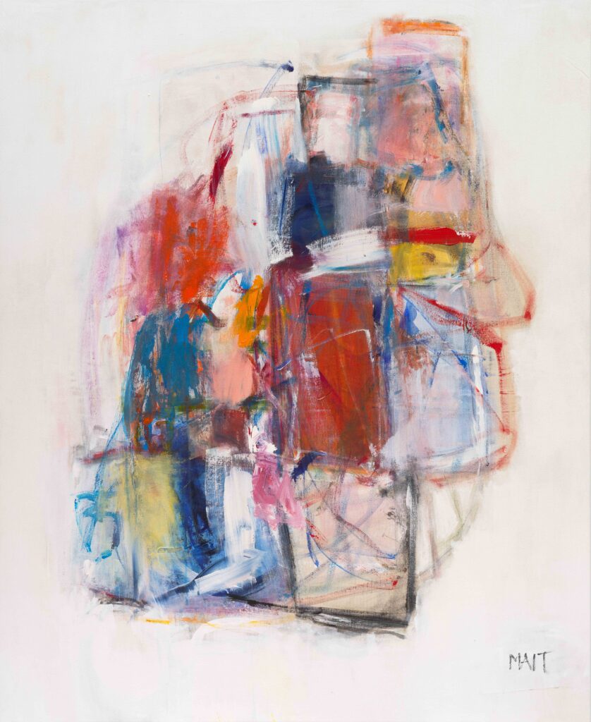 Abstract acrylic painting by Janet Mait featuring vibrant interlocking shapes in red, blue, yellow, and orange on a soft white background.