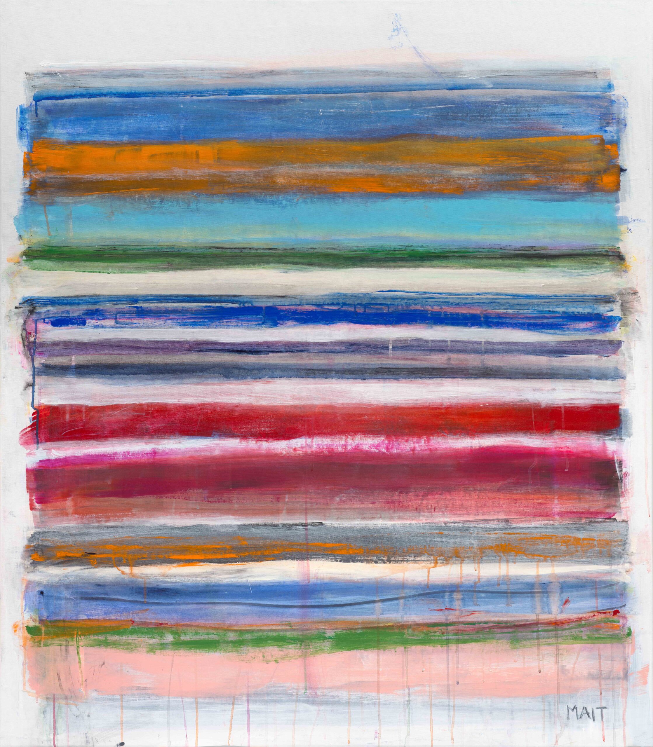 Abstract acrylic painting by Janet Mait featuring wide horizontal bands of blue, orange, green, red, and pink tones with soft, blended textures on canvas.