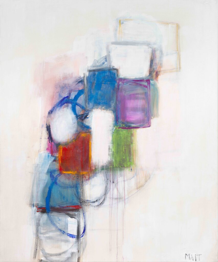 Abstract composition with overlapping rectangles and circles in vibrant blue, red, green, purple, and white on a soft pale background by Janet Mait.