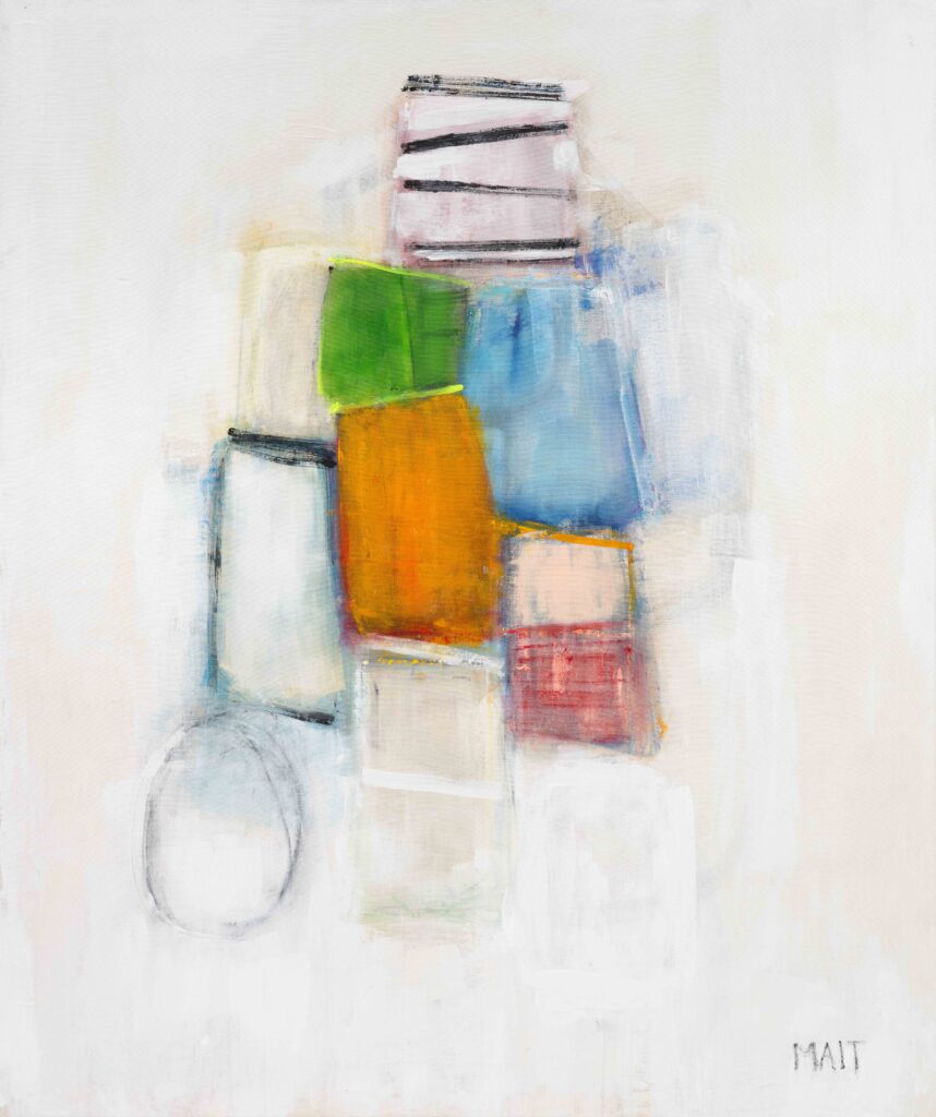 Abstract composition of vertical and horizontal brush strokes in muted gray, white, and black tones on canvas by Janet Mait