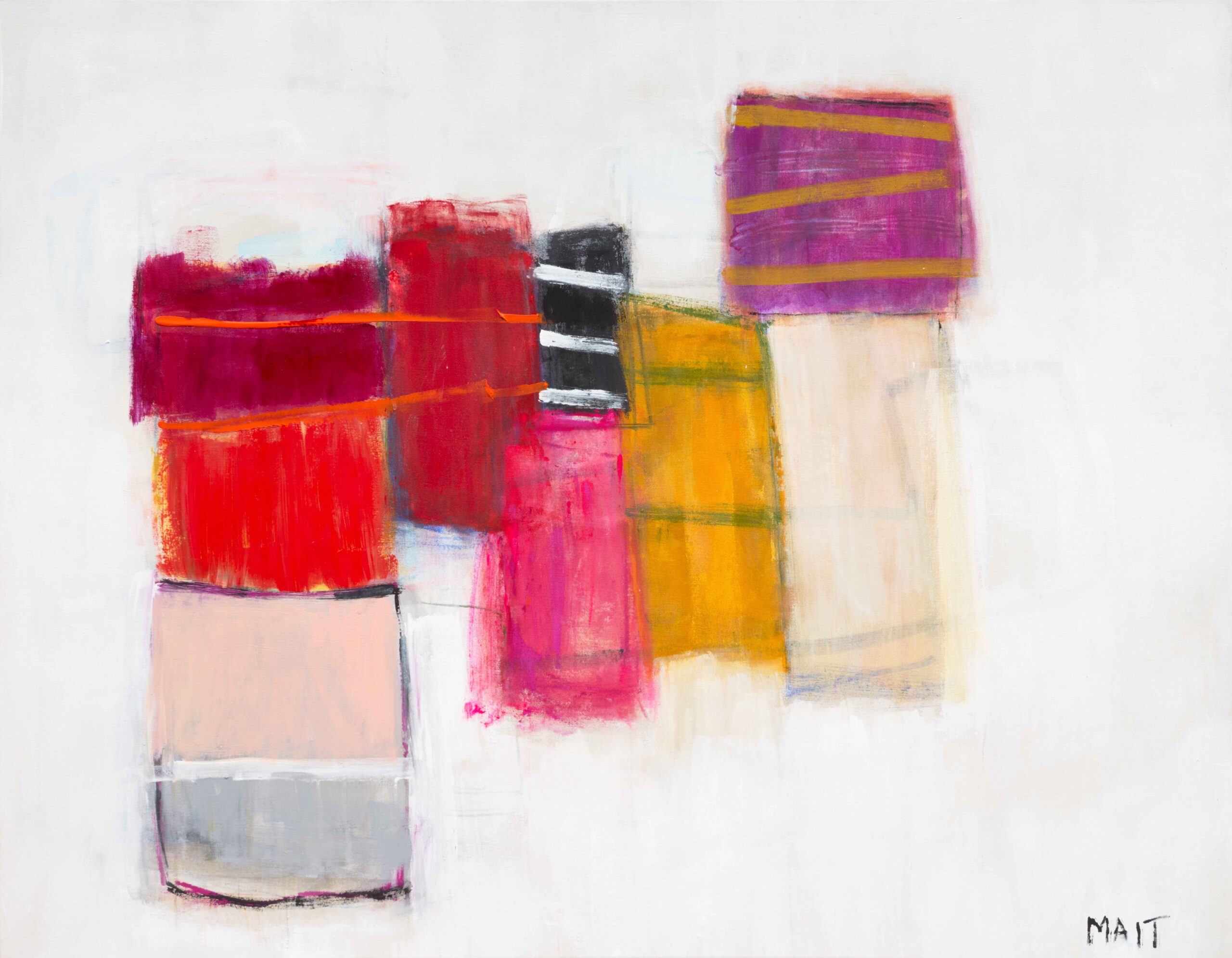 Abstract composition with blocks of red, pink, yellow, purple, and gray on a white background, acrylic on canvas by Janet Mait.