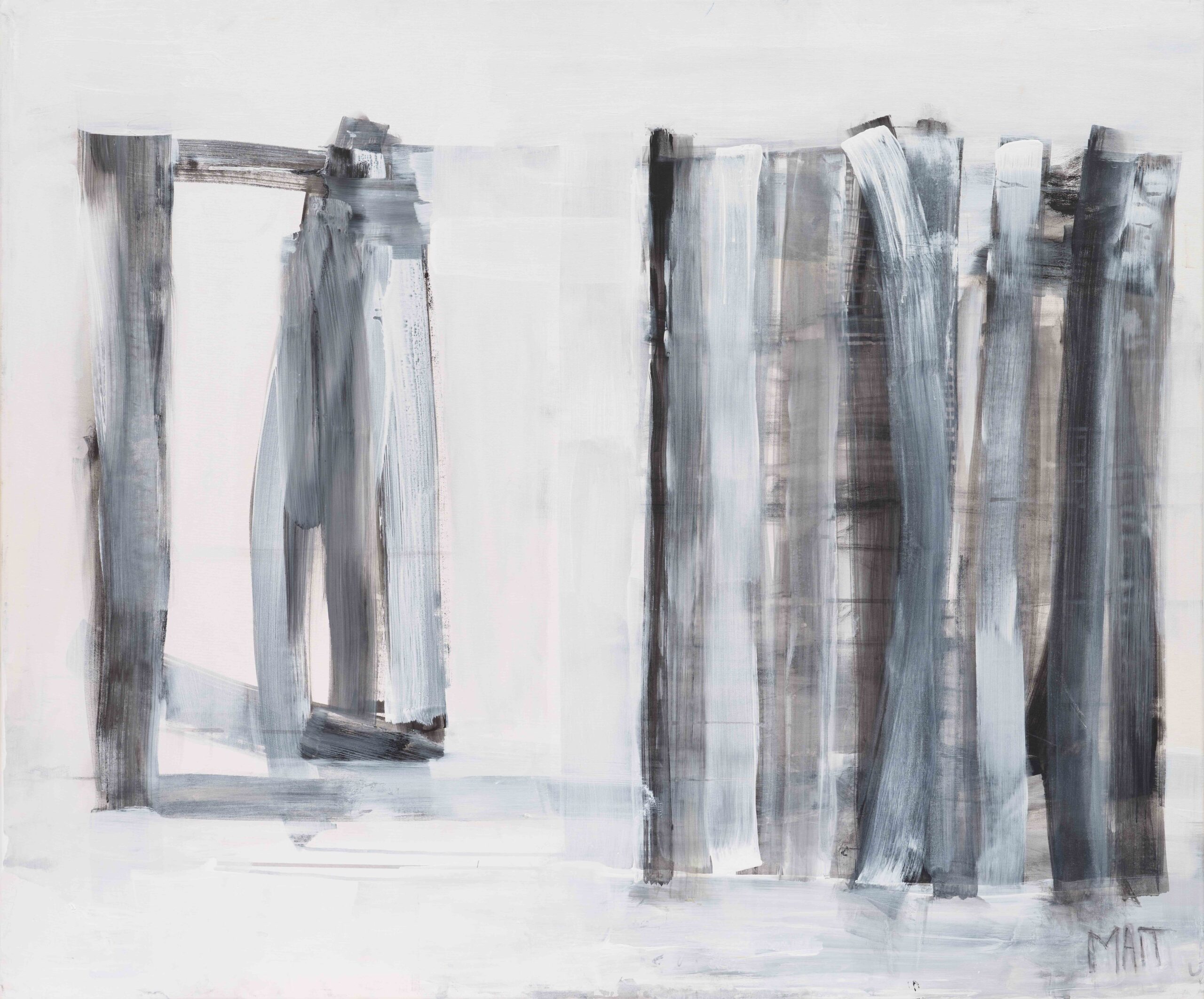 Abstract composition of vertical and horizontal brush strokes in muted gray, white, and black tones on canvas by Janet Mait.