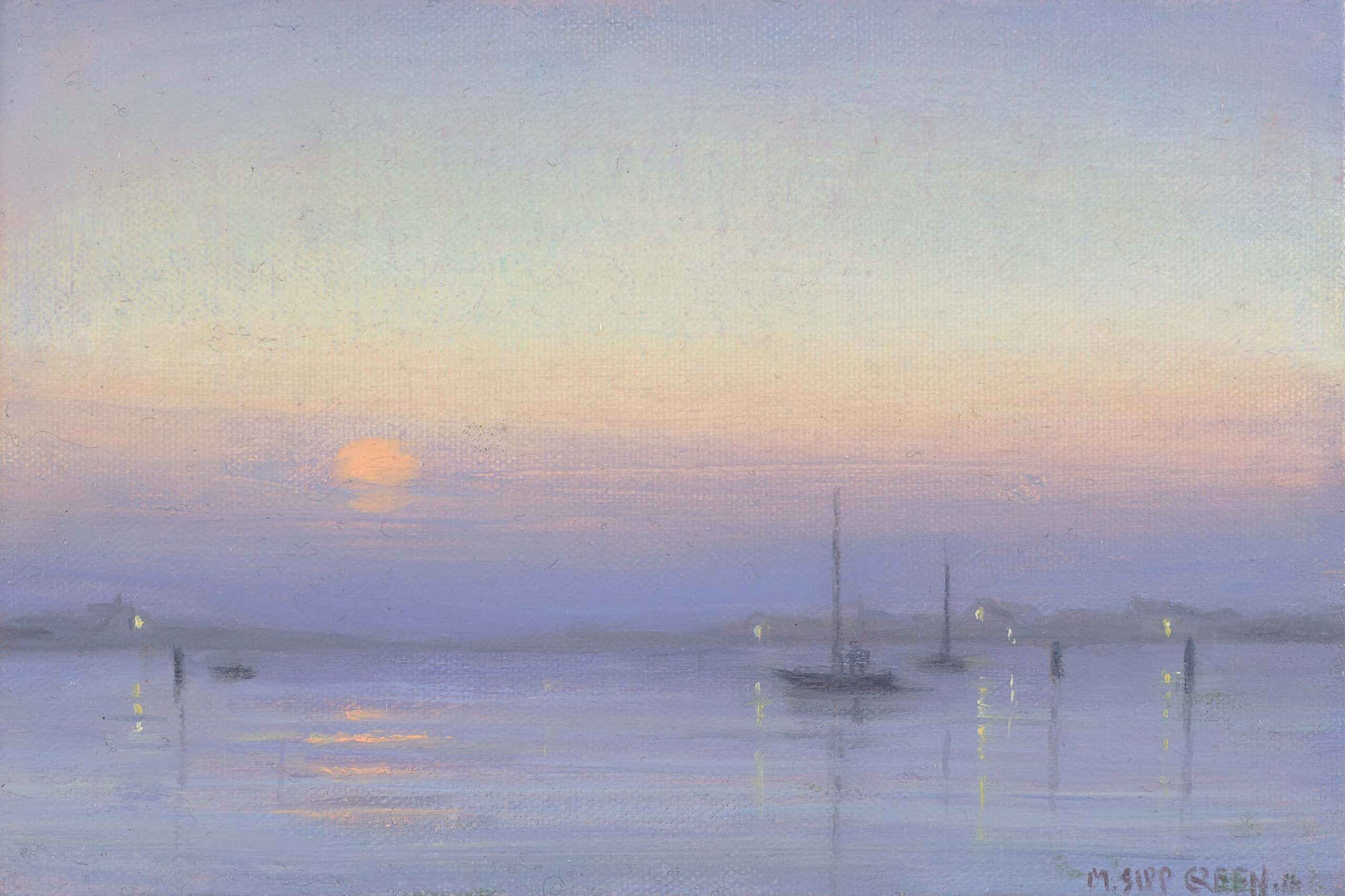 Serene harbor dusk with softly glowing lights, sailboats silhouetted against a pastel sky in oil on canvas by Mary Sipp Green.