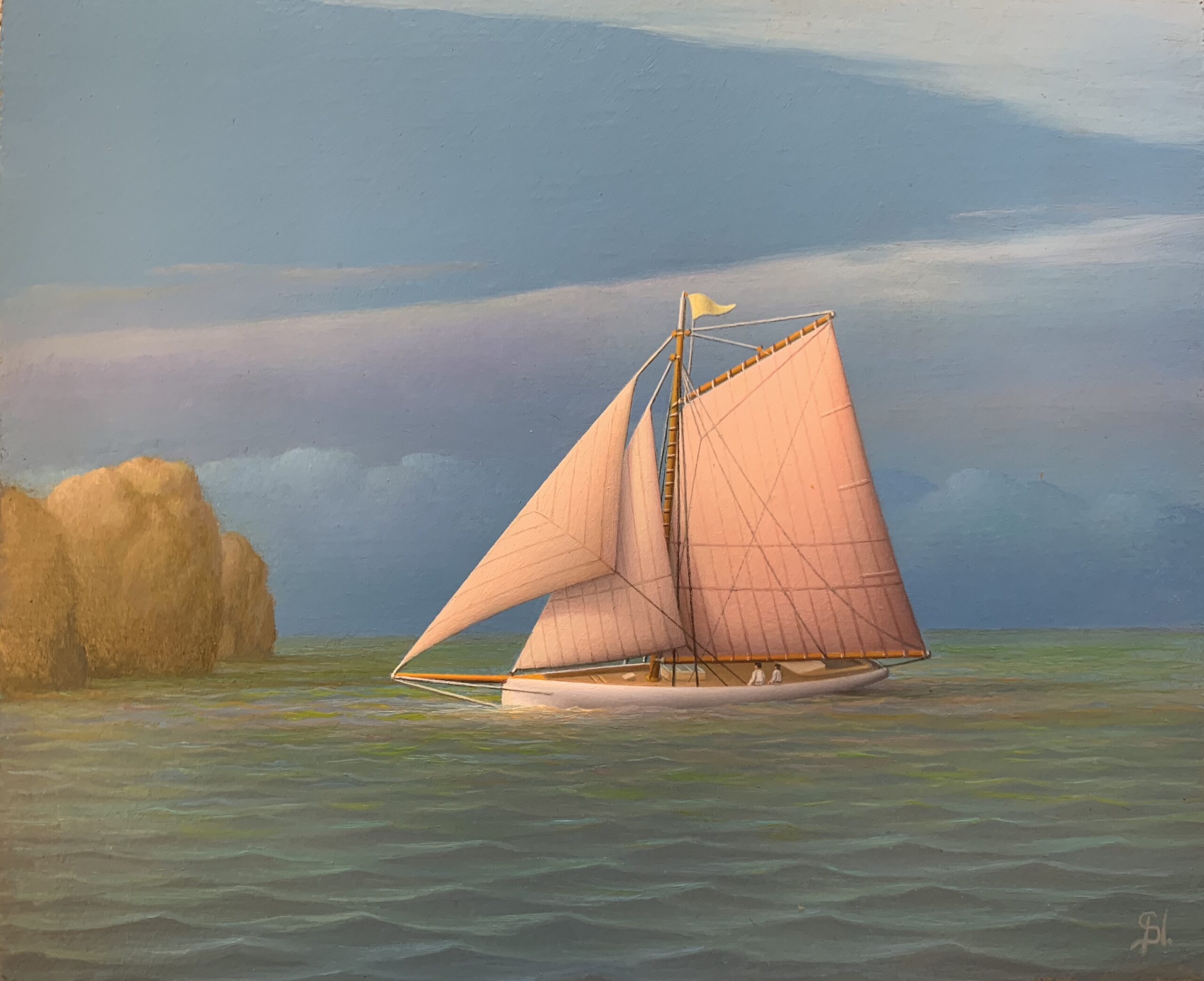 Sailboat with mauve pink sails gliding on calm greenish water under a clear blue sky with light clouds near autumnal golden trees.