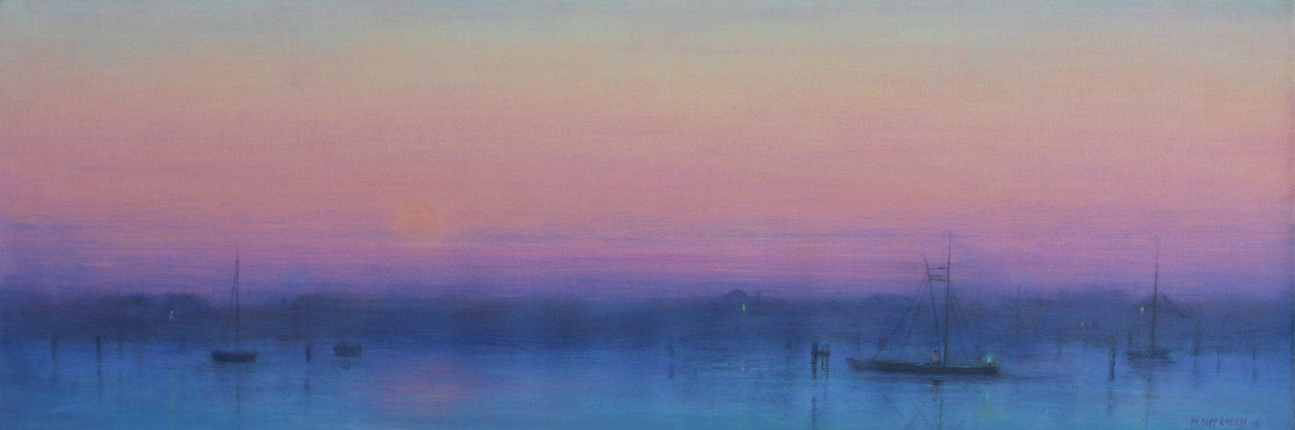 A tranquil seascape at twilight with soft hues of pink, purple, and blue, featuring sailboats gently resting on calm waters and a misty horizon.
