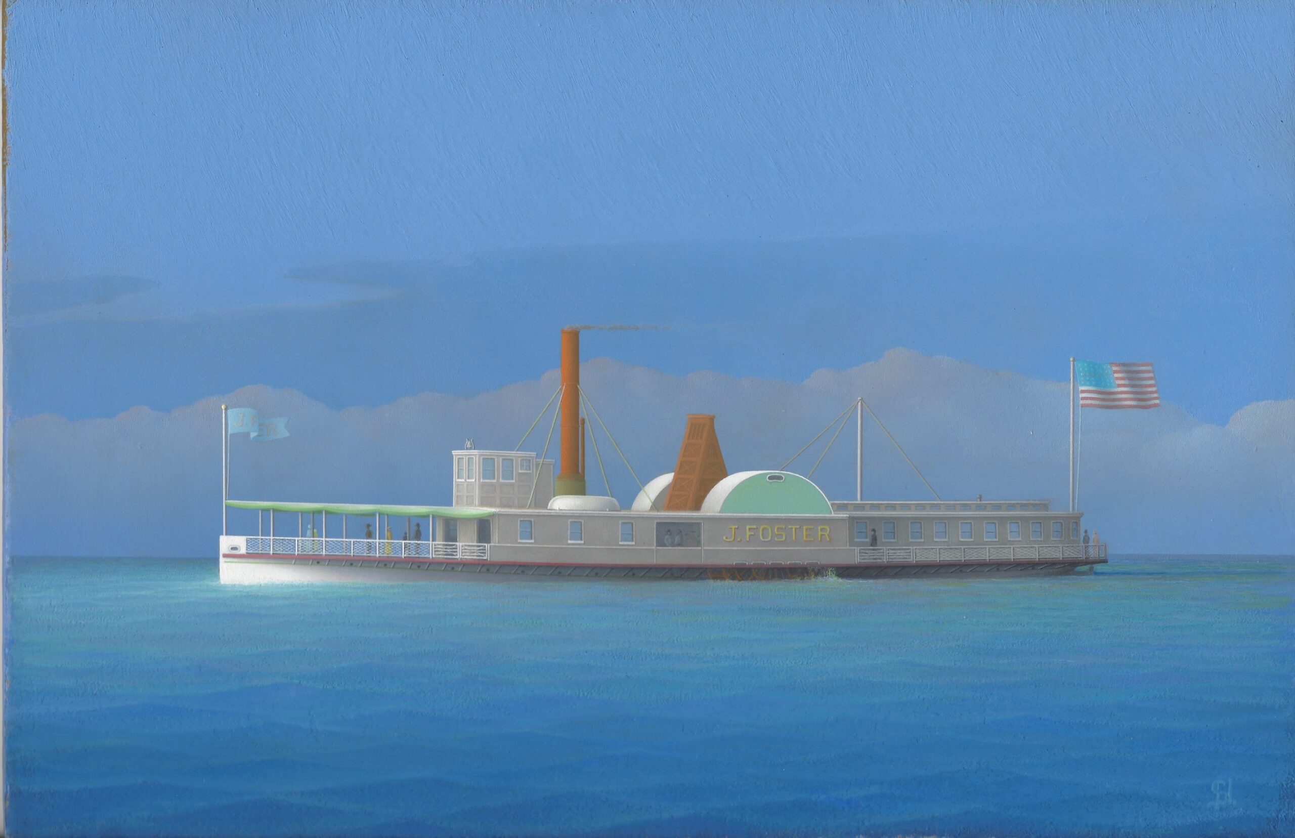 Tranquil oil painting of the historic steamboat J. Foster on calm blue waters under a clear blue sky with distant clouds.