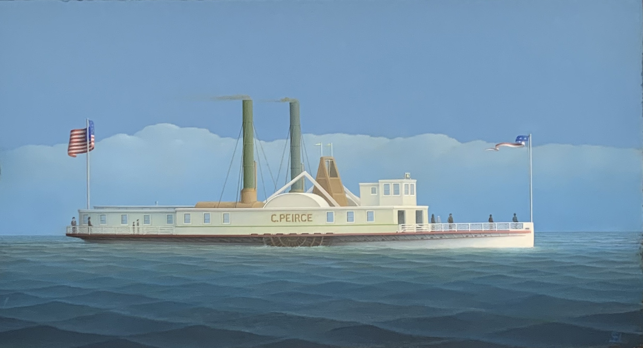 Oil painting of a historical paddlewheel steamboat named C. Peirce on calm, deep blue waters under a pale blue sky with distant clouds.