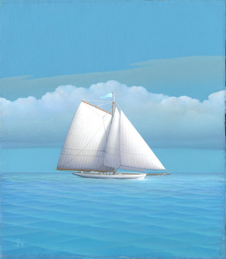 Sailboat with white sails gliding over calm blue waters under a serene sky with soft clouds, oil on canvas by George Nemethy.