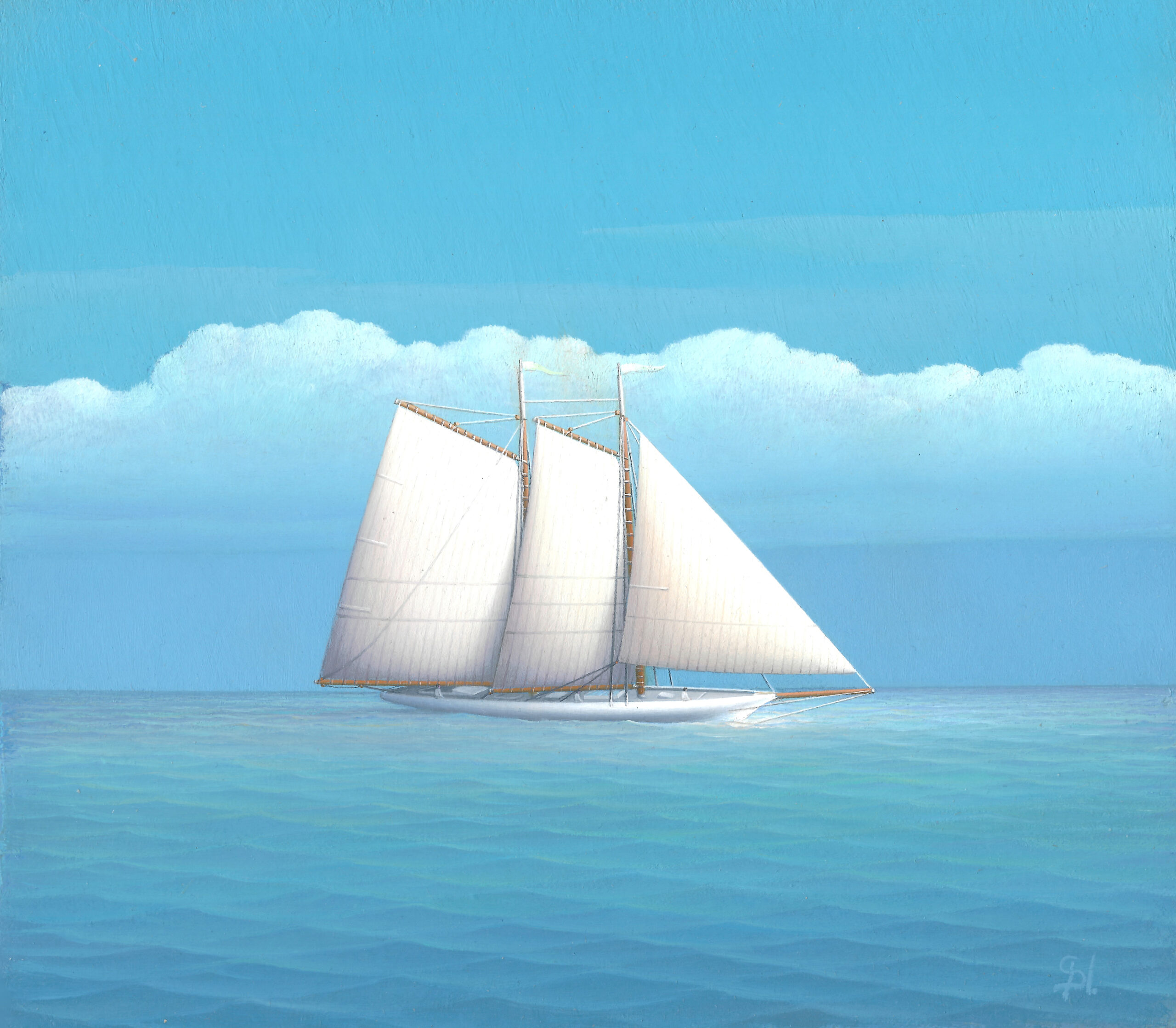 White-sailed schooner gliding across calm turquoise sea under soft blue sky with billowing white clouds.