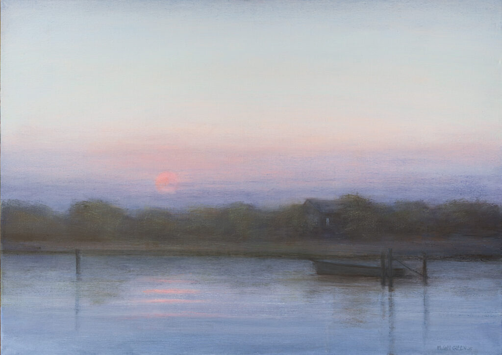 Softly blended oil painting of a tranquil water scene at sunset with a boat near a dock, silhouetted trees, and a pastel sky fading from pink to blue.