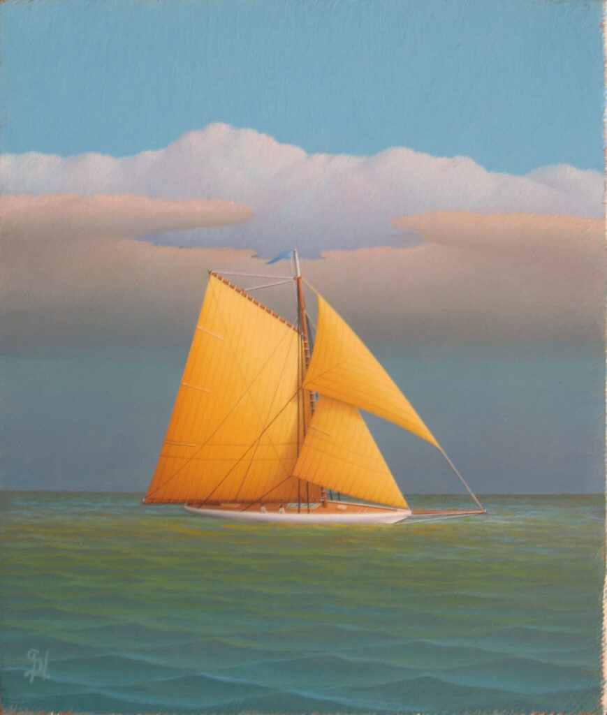 Classic sailboat with golden yellow sails gliding over calm turquoise waters beneath a sky with layered soft clouds.