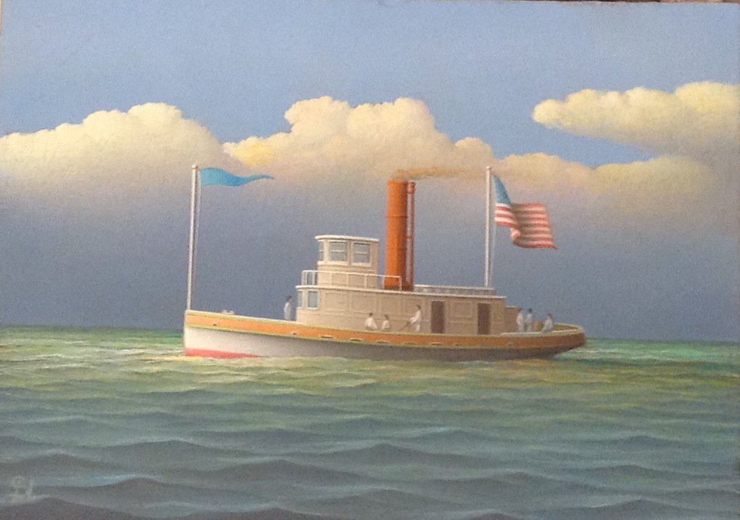 Oil painting of a small steamship with figures on board sailing on calm water under a blue sky with soft clouds, featuring a blue flag and an American flag.