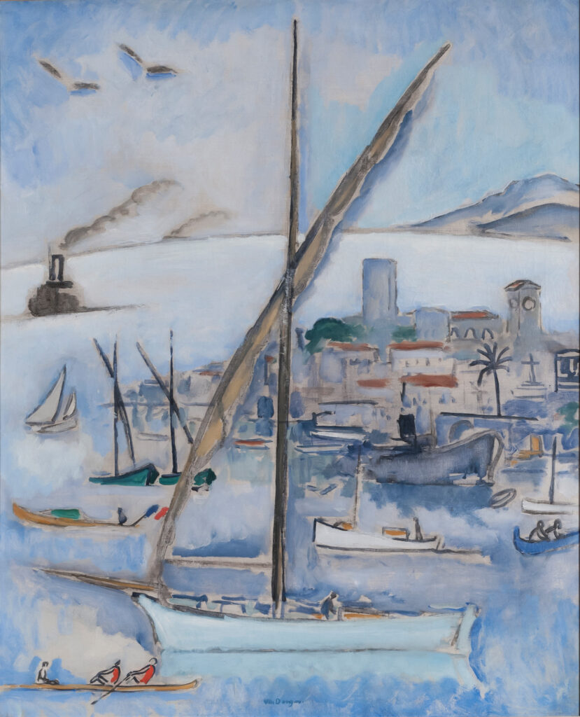 Oil painting of a harbor scene at Cannes with sailboats, a distant steamboat, buildings, and mountain backdrop in muted blues and soft earth tones.