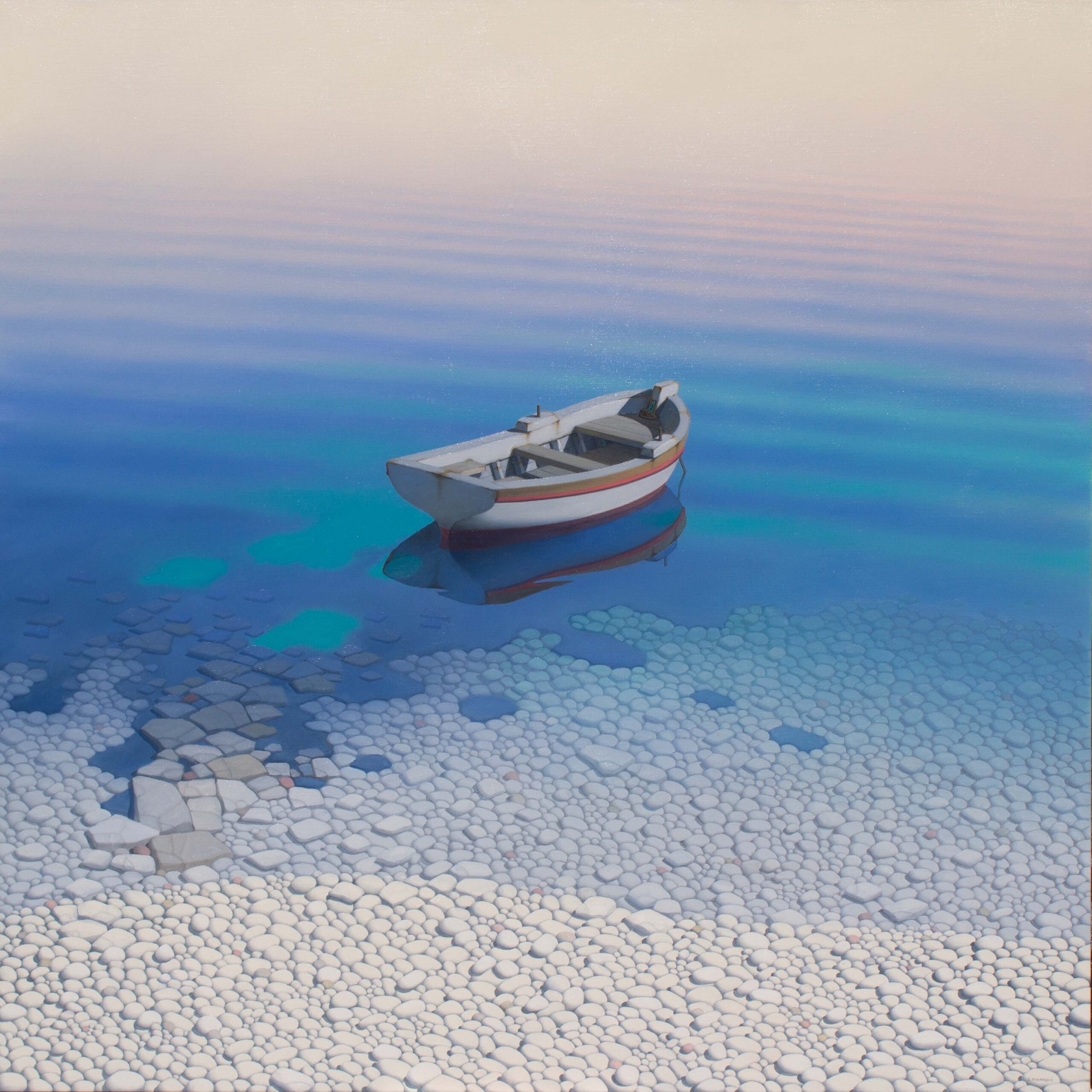 A small white rowboat floats on calm, clear blue water above a shore of round white pebbles, blending into a soft pastel horizon.